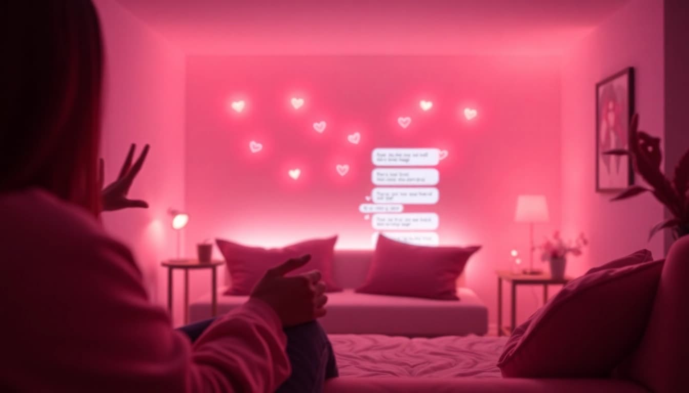 Engaging scene of a cozy virtual chatroom for sex ai chat interactions with digital intimacy elements.