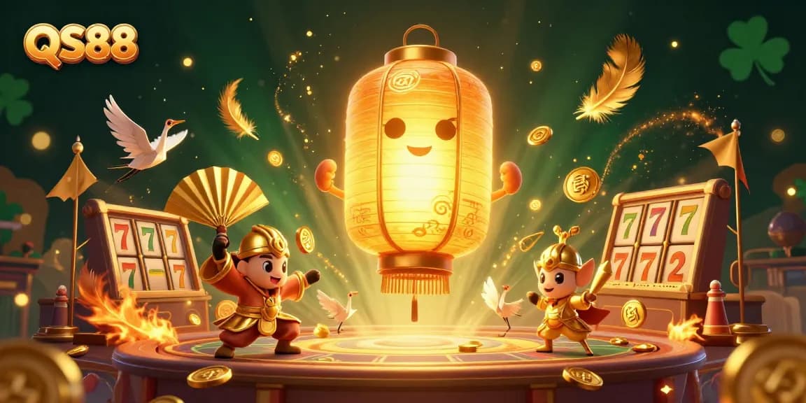 Engage with QS88's vibrant casino art, showcasing a glowing lantern spirit and dynamic characters amidst a thrilling online betting scene.