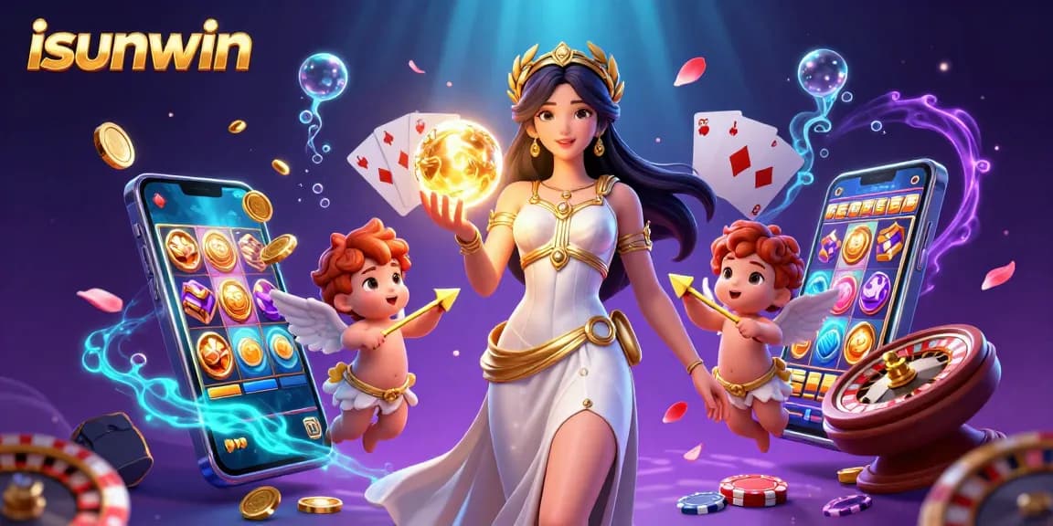 Experience winning with isunwin in this vibrant 3D casino illustration featuring gaming excitement with slots and rewards.
