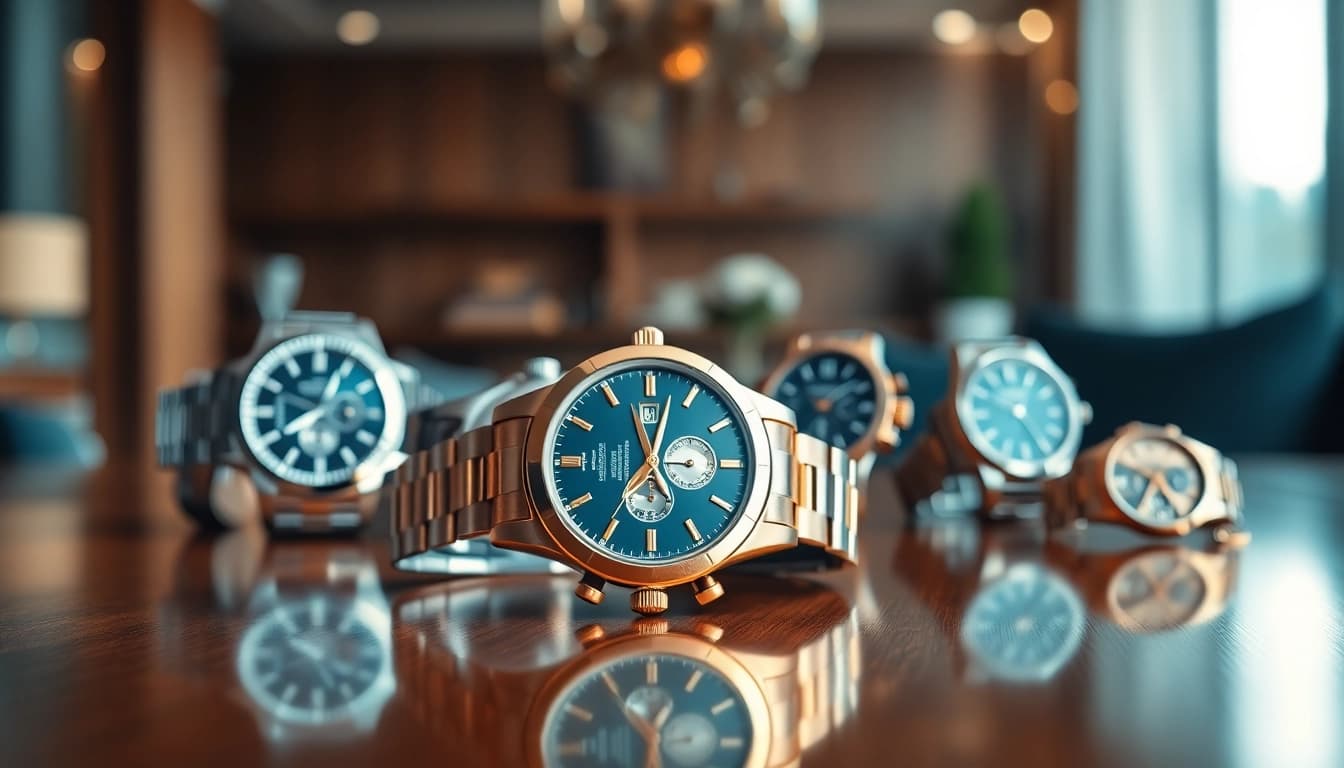 Admire the intricate design of premium replica watches displayed elegantly on a polished surface.