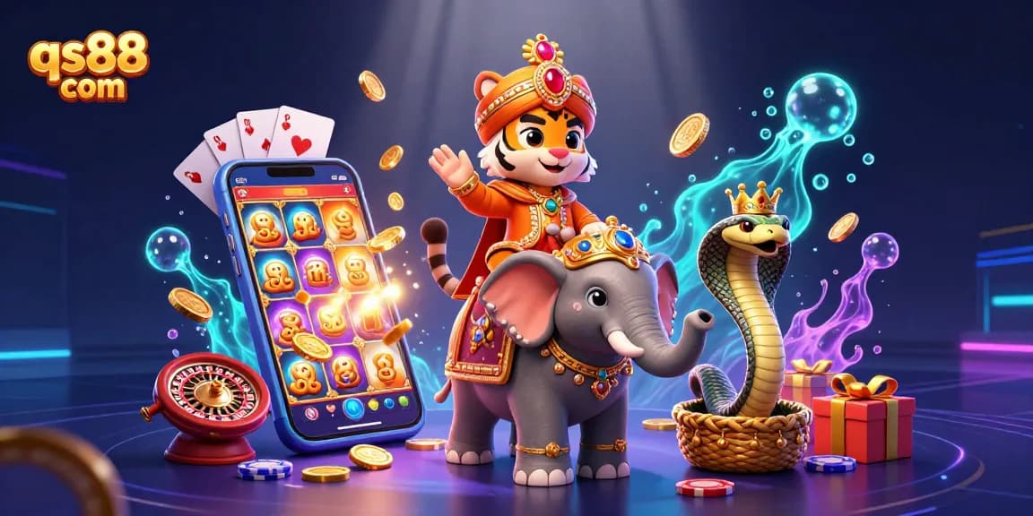 Spin and win on qs88 com with vibrant 3D scene featuring a regal maharaja and immersive casino elements.