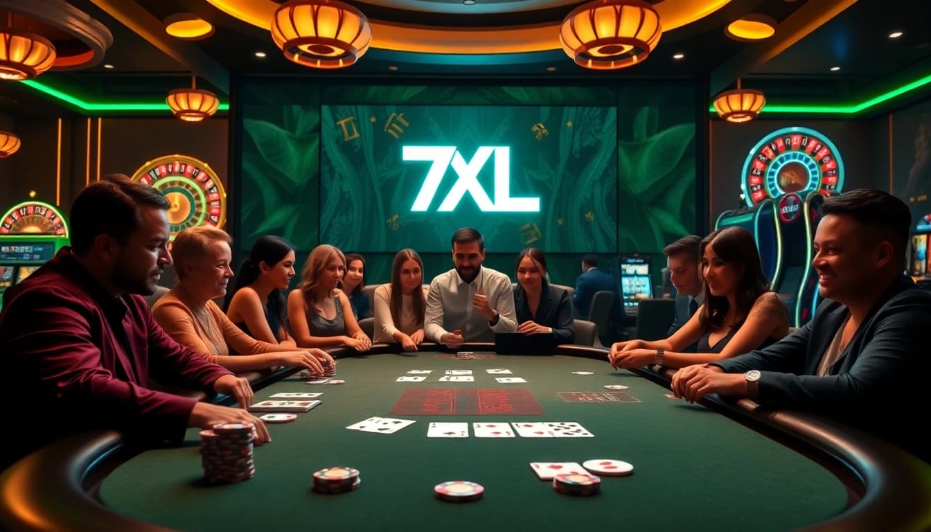 סצנת שולחן פוקר של 7XL עם שחקנים מלאי חיים הנהנים מחוויה מרגשת בקזינו.