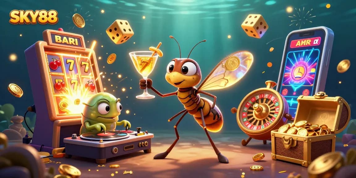 Experience the excitement of SKY88 with vibrant casino elements like golden cocktails and jackpot explosions.