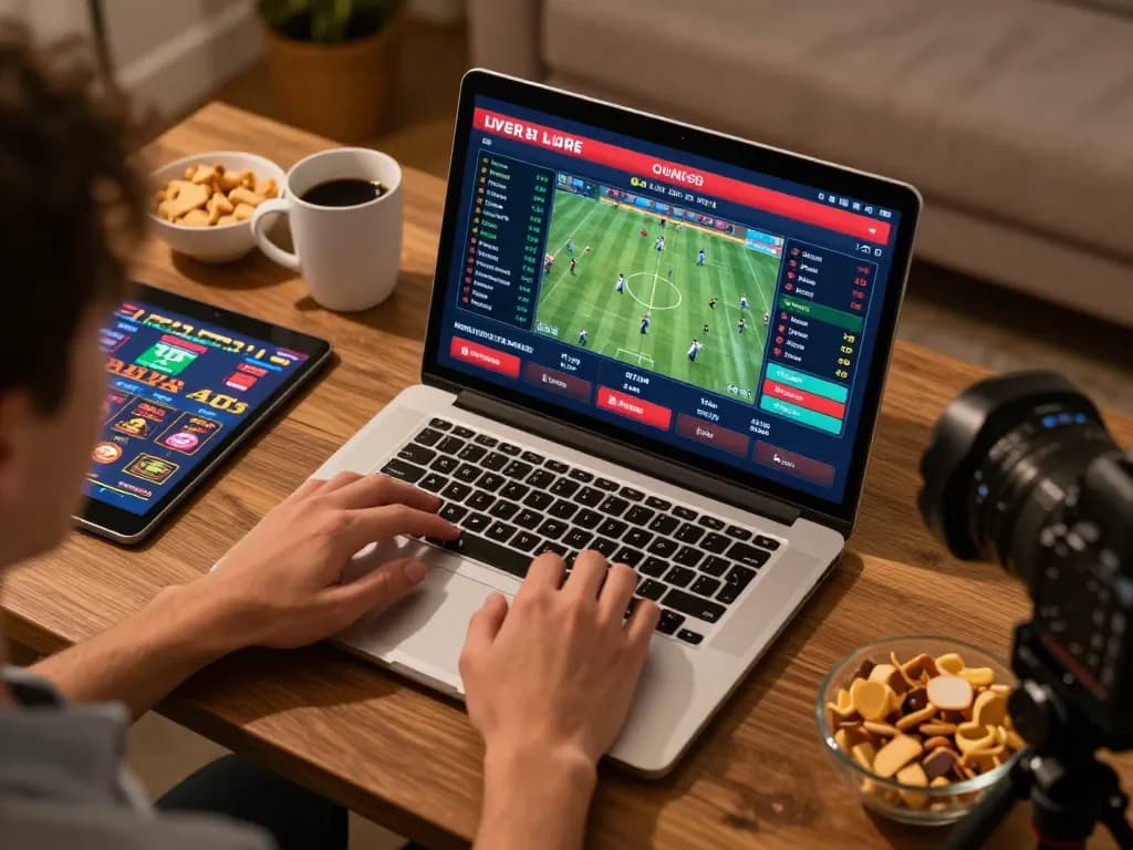 Engaging sports betting session at home with sg777, showing live odds on a laptop and tablet.