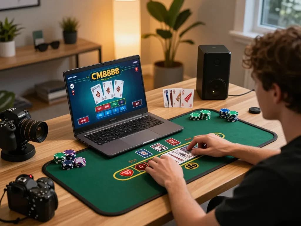 Player engaging with CM8888 live dealer blackjack on laptop, showcasing online casino excitement.