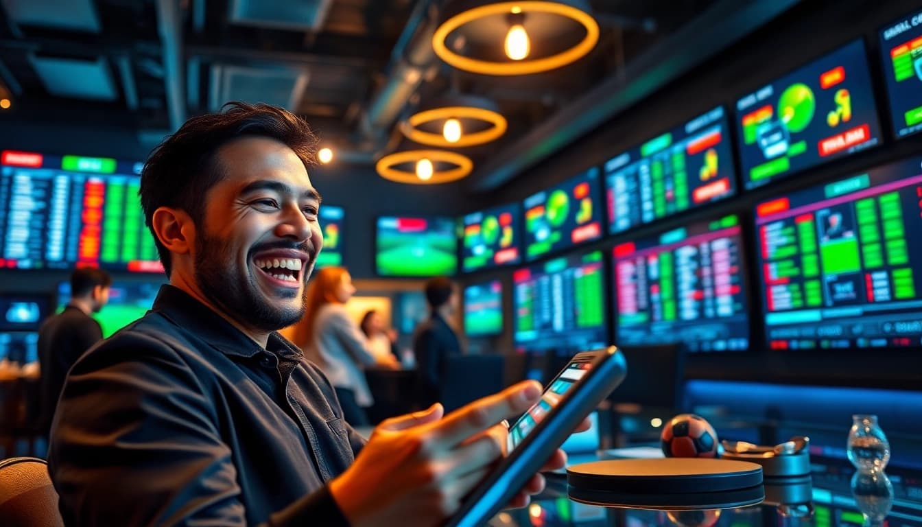 Engaging in online Betting through a tablet, showcasing a lively betting environment.