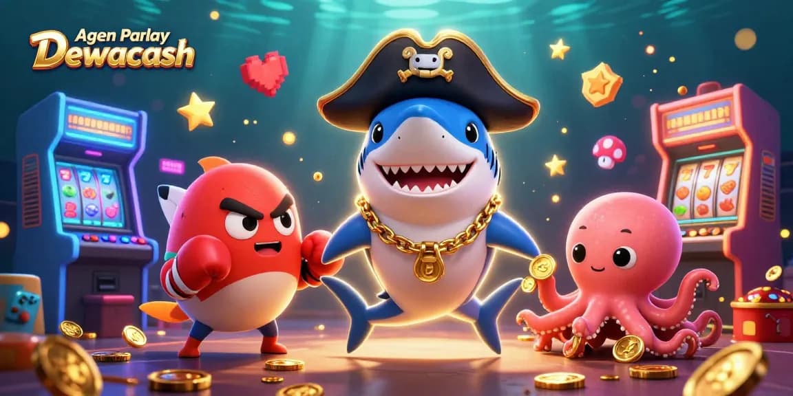 Agen Parlay Dewacash showcases thrilling gameplay with cartoon characters, slot machines, and a vibrant casino environment.
