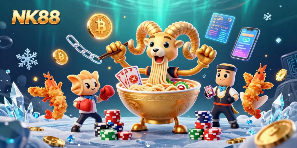 Join the excitement at NK88 with a cartoon ramen bowl dealer and cryptocurrency theme.