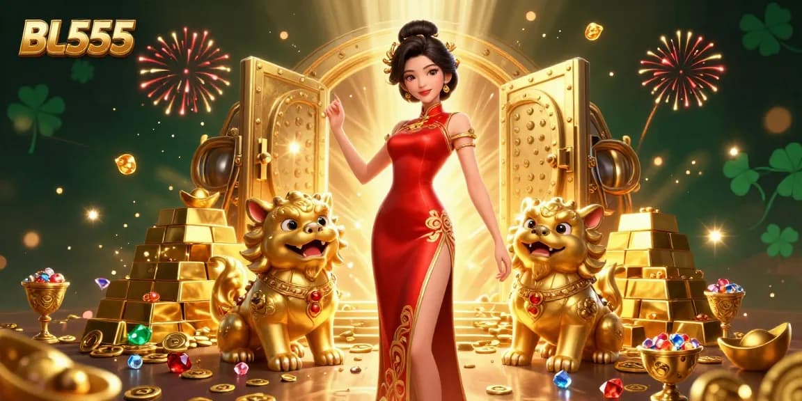 Engage with BL555, featuring an Asian woman amid vibrant casino elements and gold treasures.