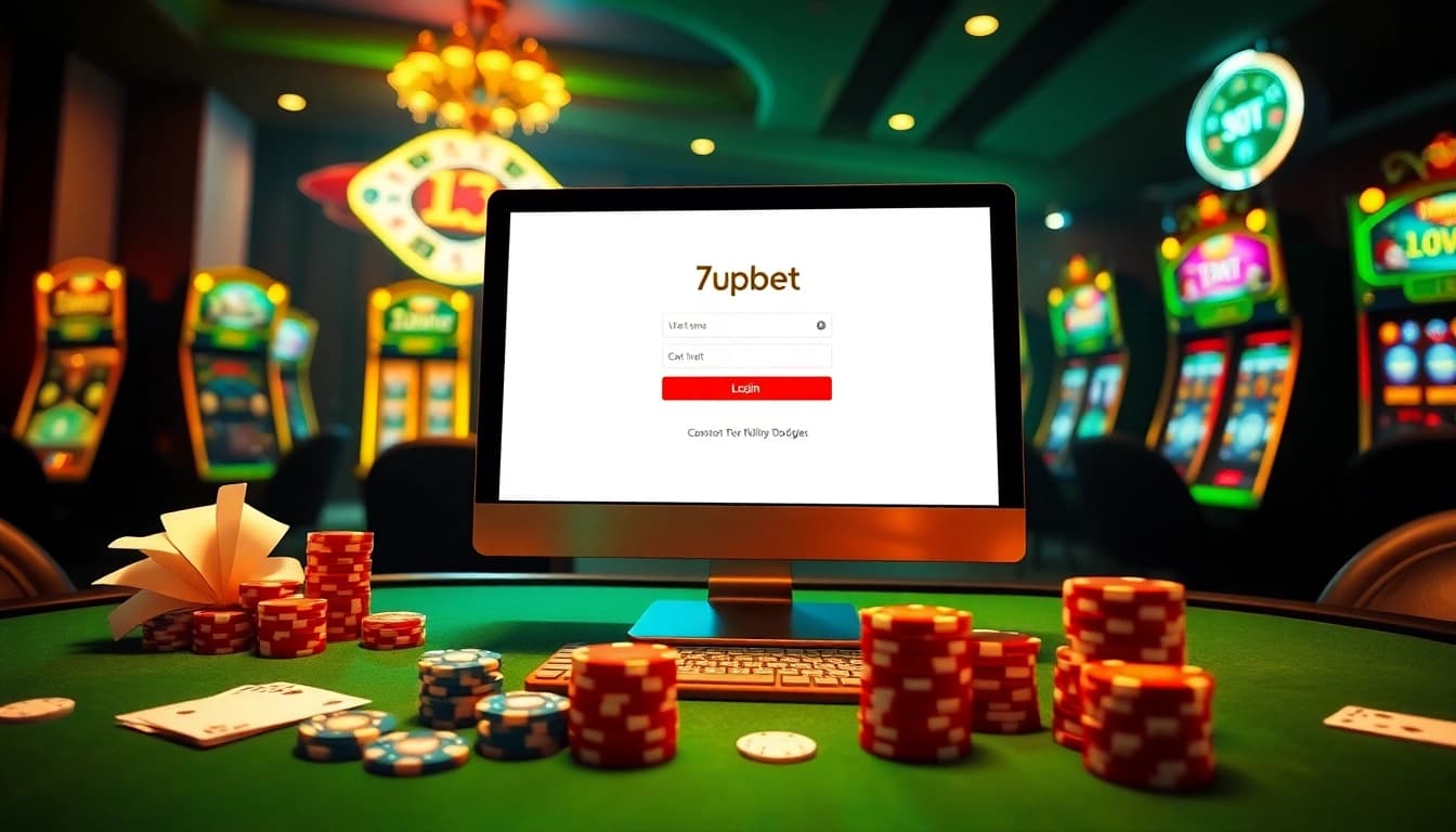 Engage with the 7upbet login interface on a luxurious online casino platform featuring poker chips and slot machines.