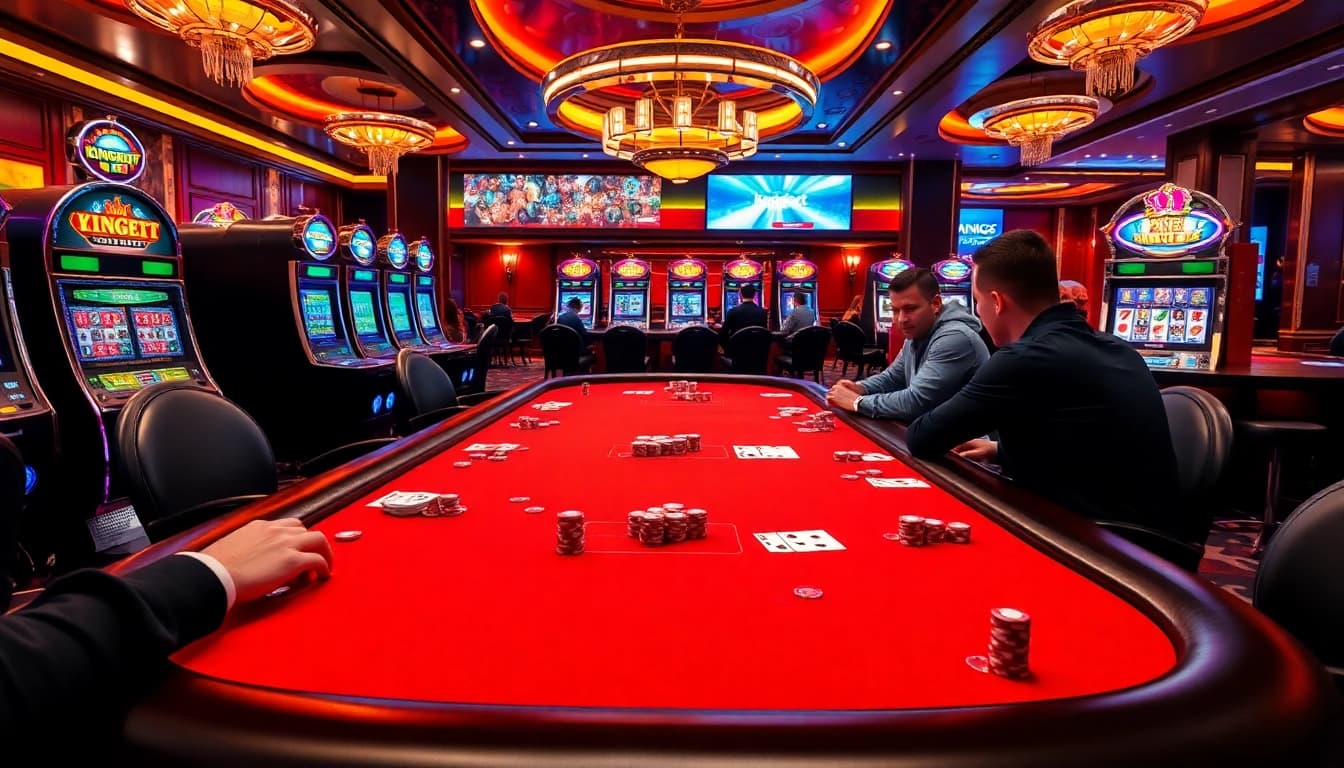 Experience the excitement of king88bet with a vibrant casino scene showcasing poker and slot machines.