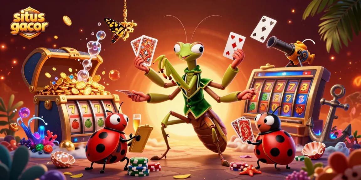 Win big with situs gacor as a giant mantis dealer shuffles cards and pours drinks.