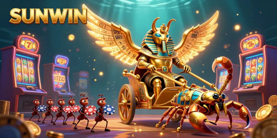 SUNWIN offers vibrant casino action with a golden scarab beetle and jewel-encrusted scorpions amidst an engaging slot environment.