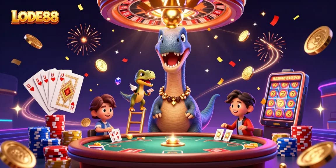 Play lively games at LODE88 with a dazzling 3D casino scene featuring vibrant characters and winning elements.