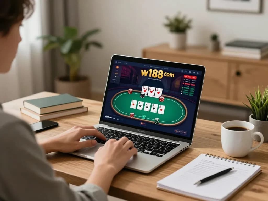 Engaging in online gaming at w188 com with poker game displayed on laptop screen.