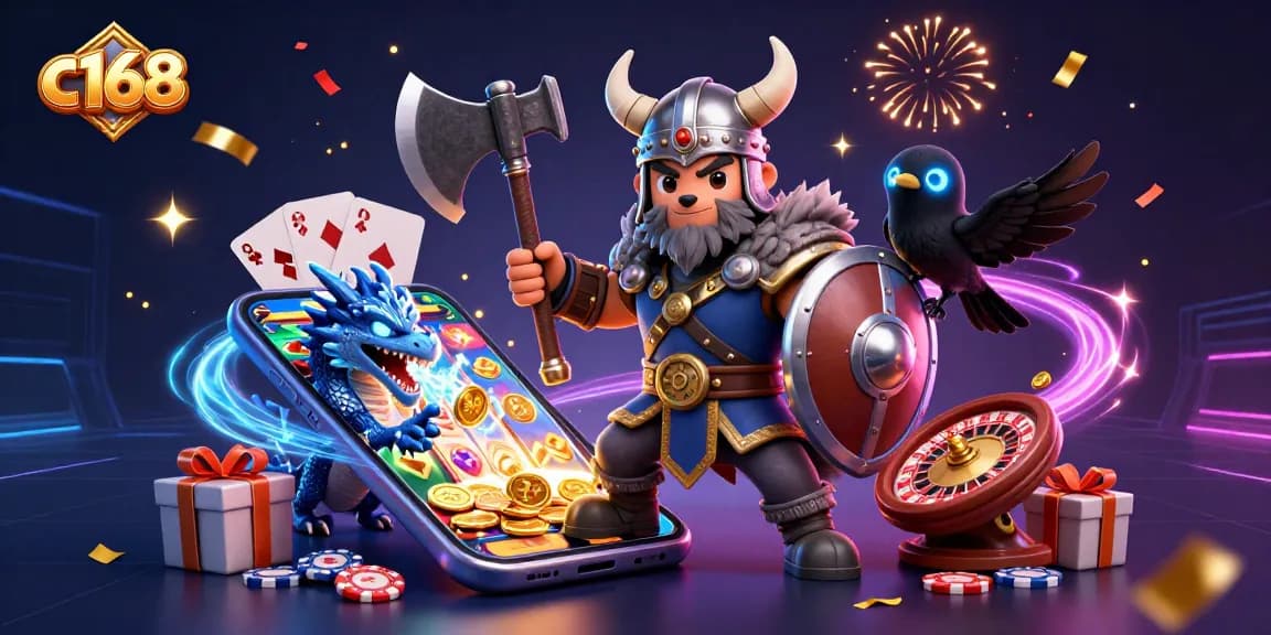 c168 brings excitement to players with a dynamic 3D illustration of a Viking warrior, dragon, and gaming elements.