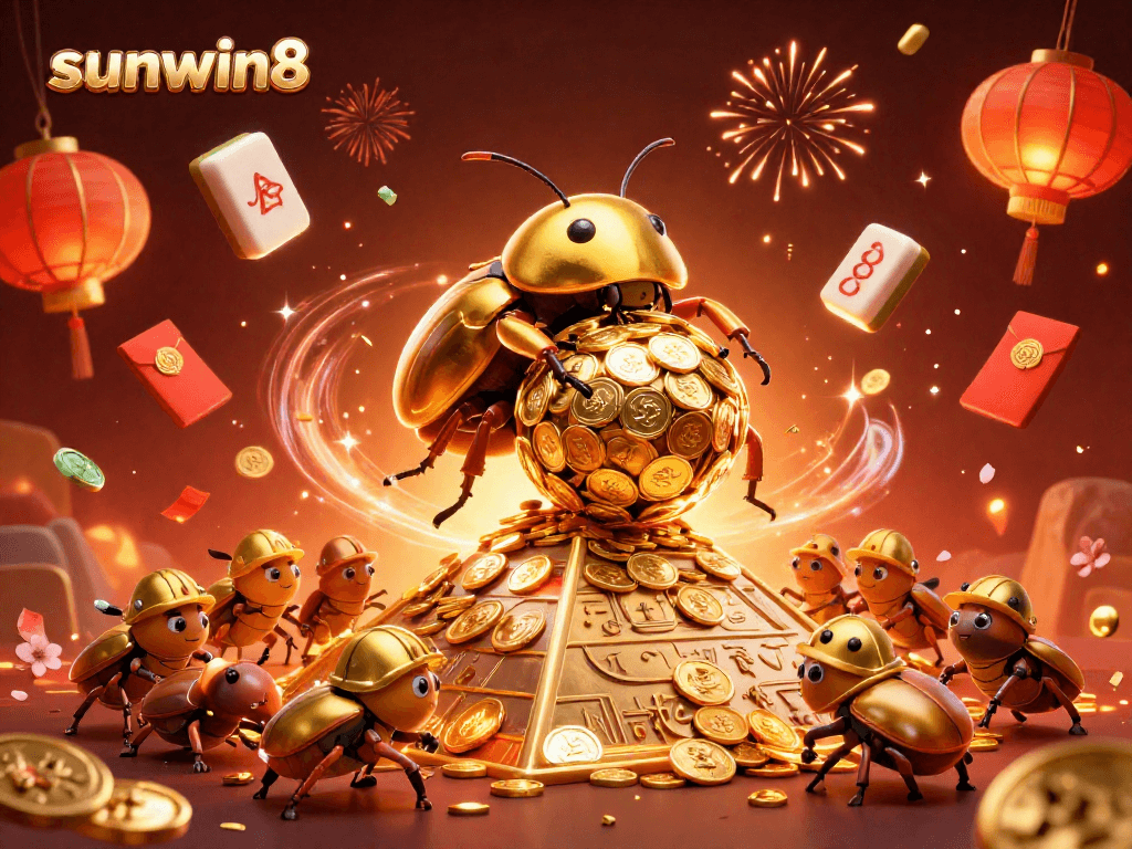 Engage in exciting gameplay at sunwin8 with golden beetles, casino symbols, and festive elements.