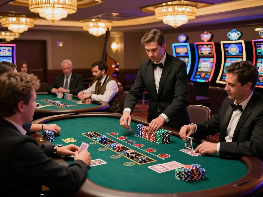Players engaging in a thrilling blackjack game at kp88 casino, showcasing strategic gameplay and vibrant casino atmosphere.