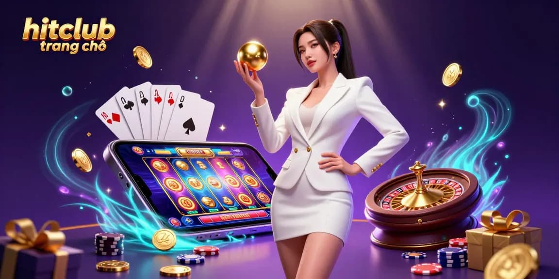 Engage with hitclub trang chủ showcasing a confident Asian woman amidst vibrant casino elements, winning odds await!