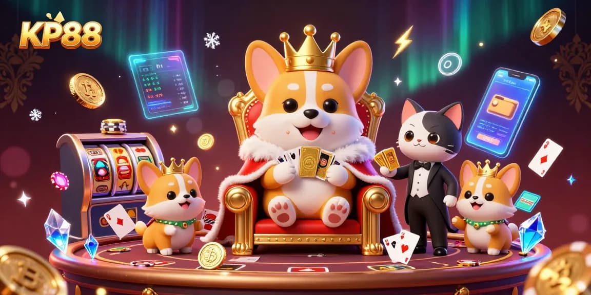 Play casino games at KP88 with exciting poker and slot elements featured in vibrant 3D illustration.