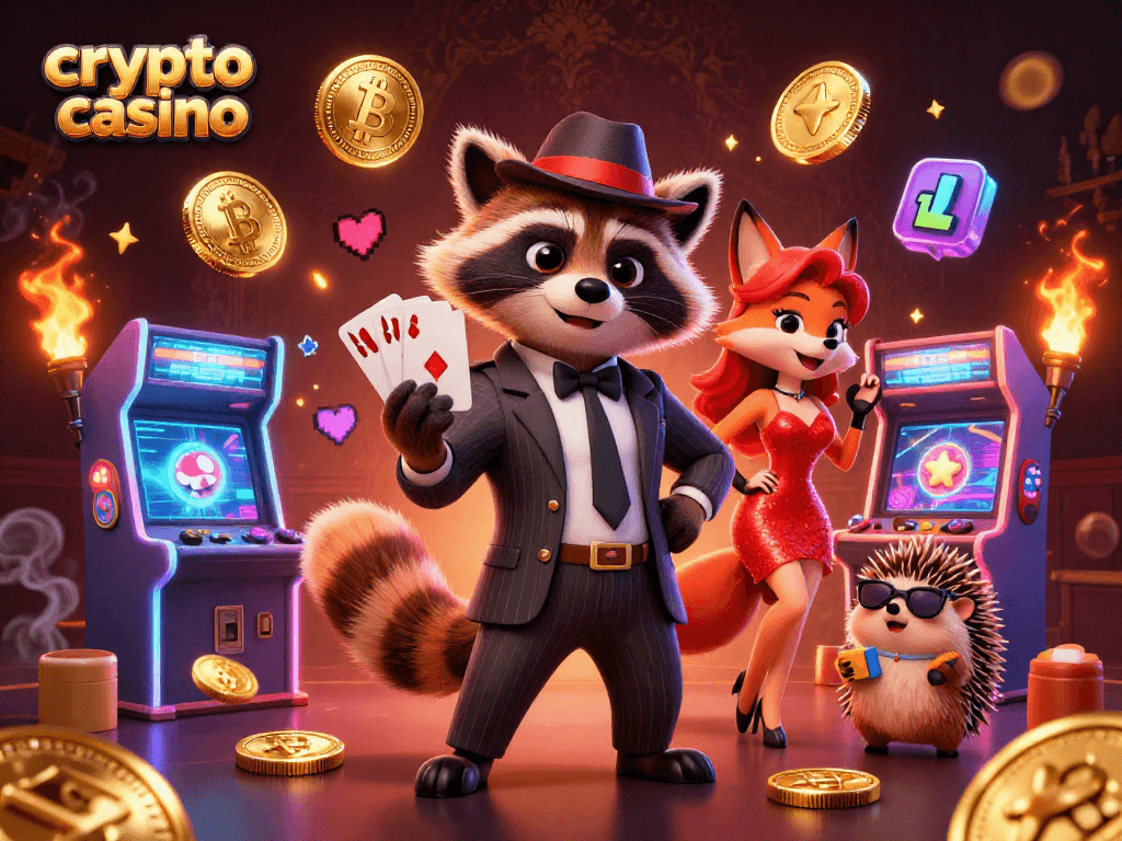 Experience the excitement at the crypto casino with raccoon, fox, and hedgehog enjoying the game atmosphere.