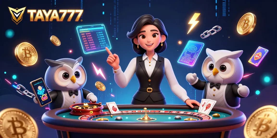TAYA777 baccarat scene featuring a smiling dealer with an owl assistant, surrounded by dynamic gaming elements