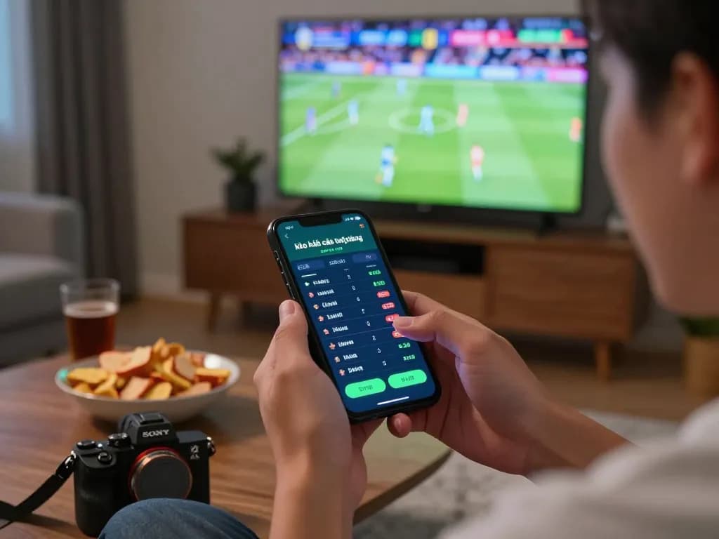 Engaging moment of a bettor using a mobile app for kèo nhà cái trực tiếp during a live sports game.