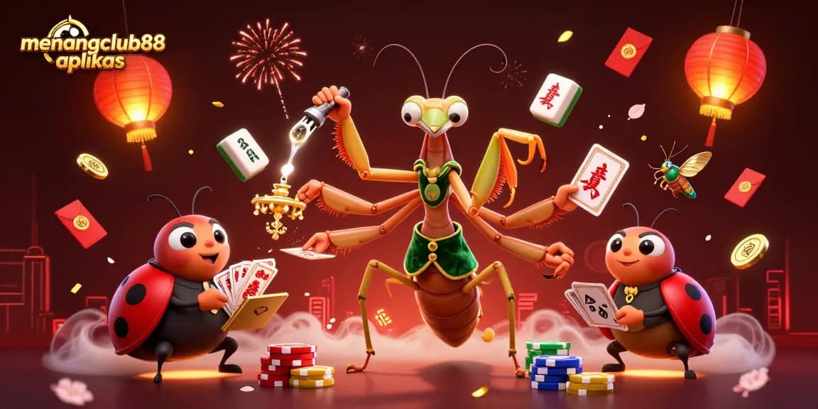 Engage with menangclub88 aplikas as the giant praying mantis card sharp shuffles winning chips and cards.