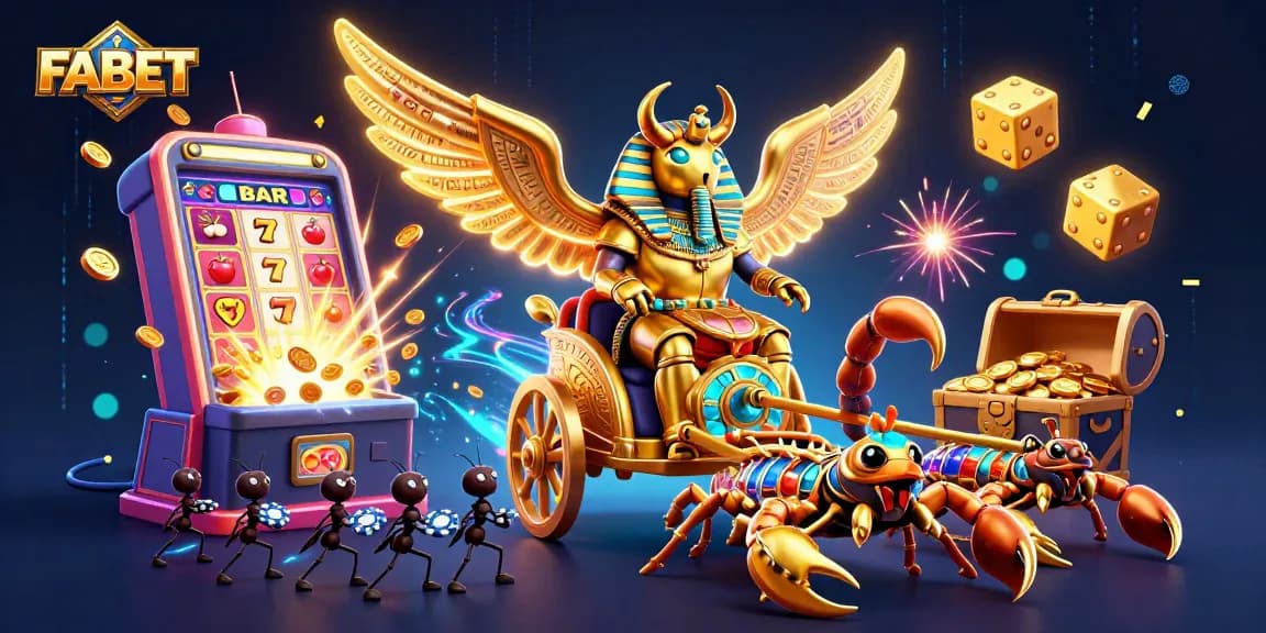 Experience the excitement at FABET with a vibrant casino scene featuring a golden scarab and jackpot thrills.