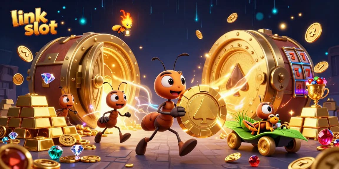 Ant tim 3D membawa chip poker emas dalam heist yang berisiko, menjelajahi link slot dengan lampu dan elemen berkedip.