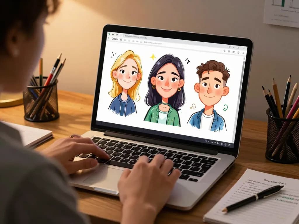 Creating a Chatgpt caricature on a laptop in a cozy home office with art supplies around