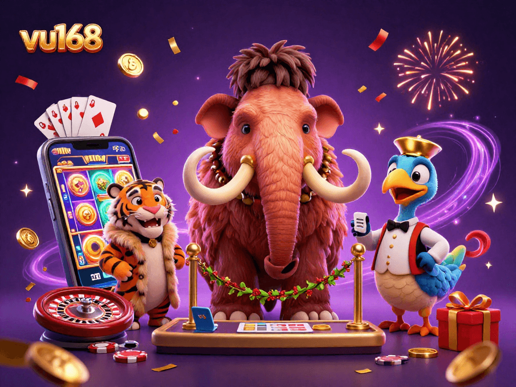 Engage with vu168's vibrant casino scene featuring a woolly mammoth bouncer, slot games, and VIP excitement.