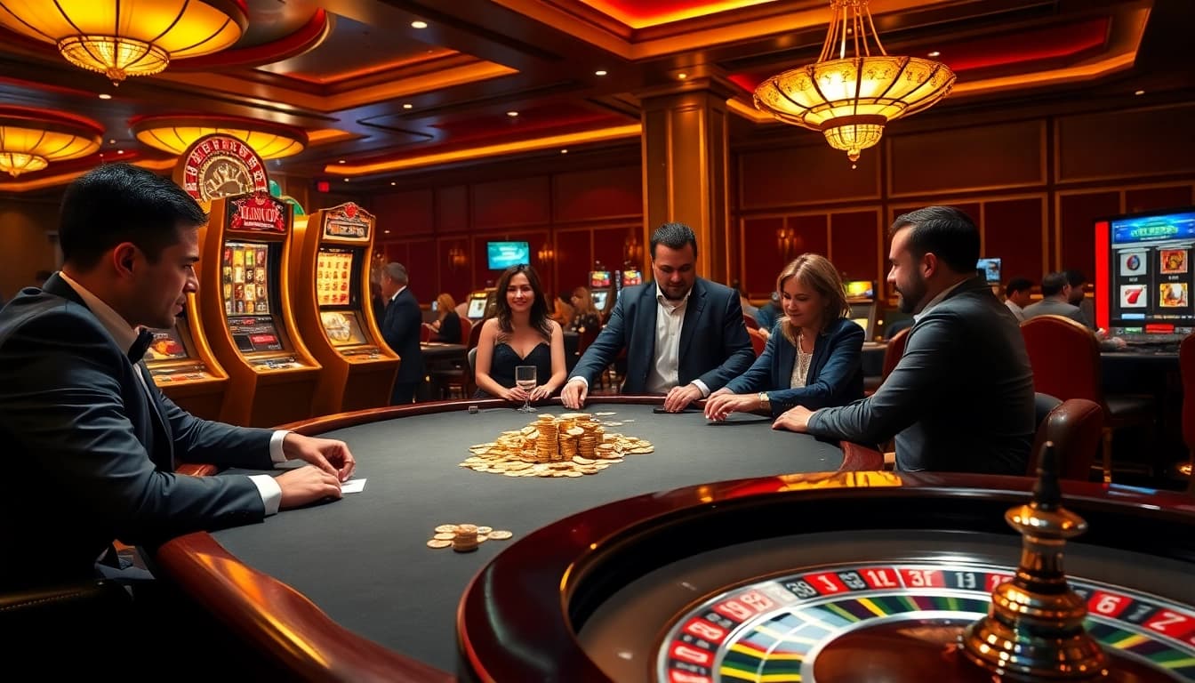 Experience the thrill of gaming at https://rr88co.net/, featuring a glamorous casino scene with poker and slots.