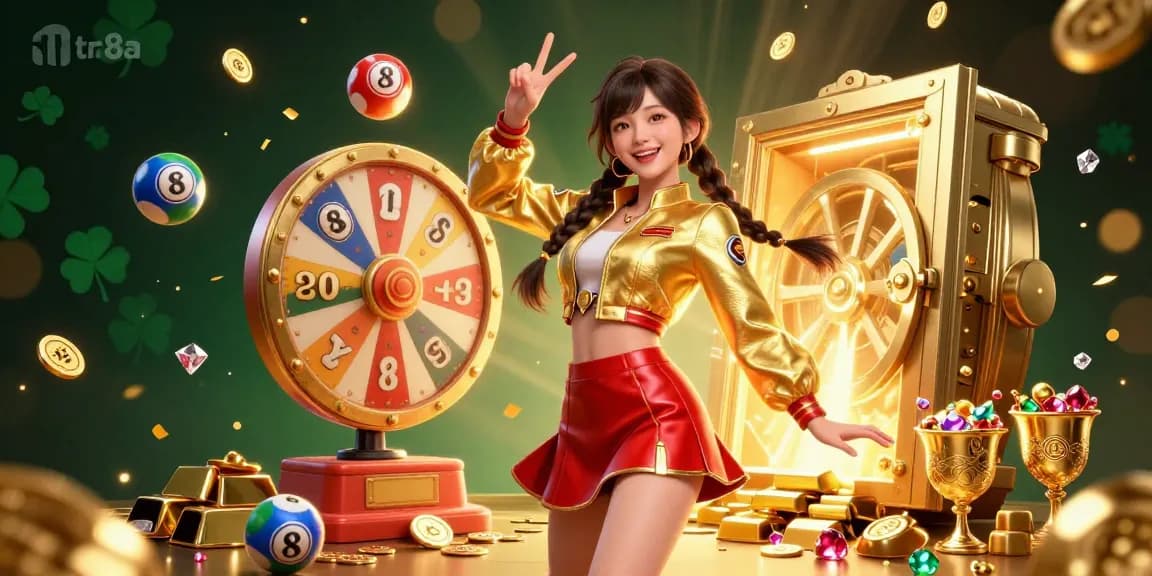 Play and win at tr88a with vibrant 3D illustration featuring casino elements and exciting prizes.