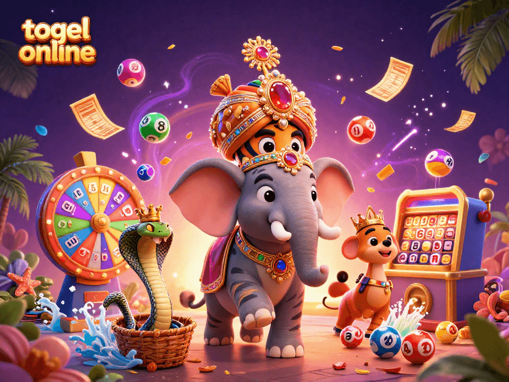 Engage with togel online through a vibrant 3D illustration showcasing a maharaja tiger, elephant, and cobra amidst a dynamic lottery scene.