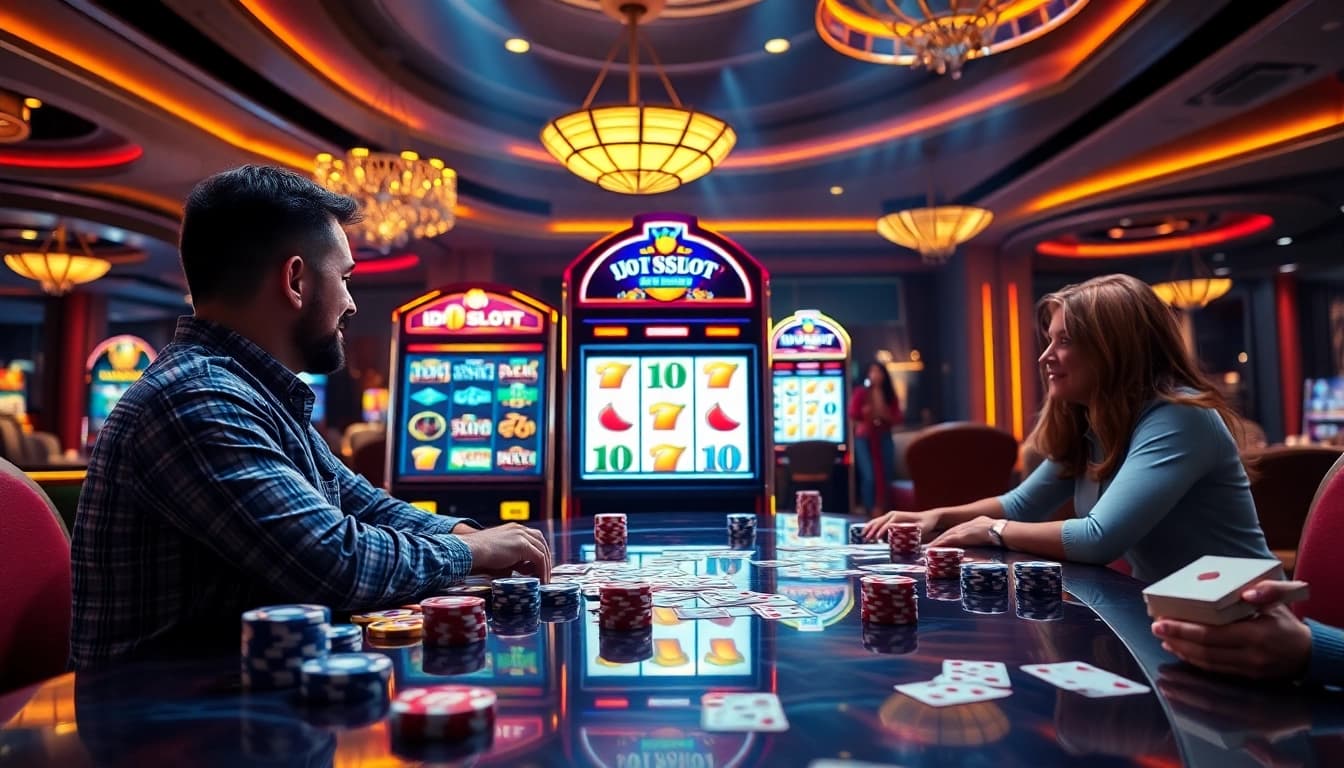 Engaged players enjoying idnslot at a vibrant casino with slots and cards.