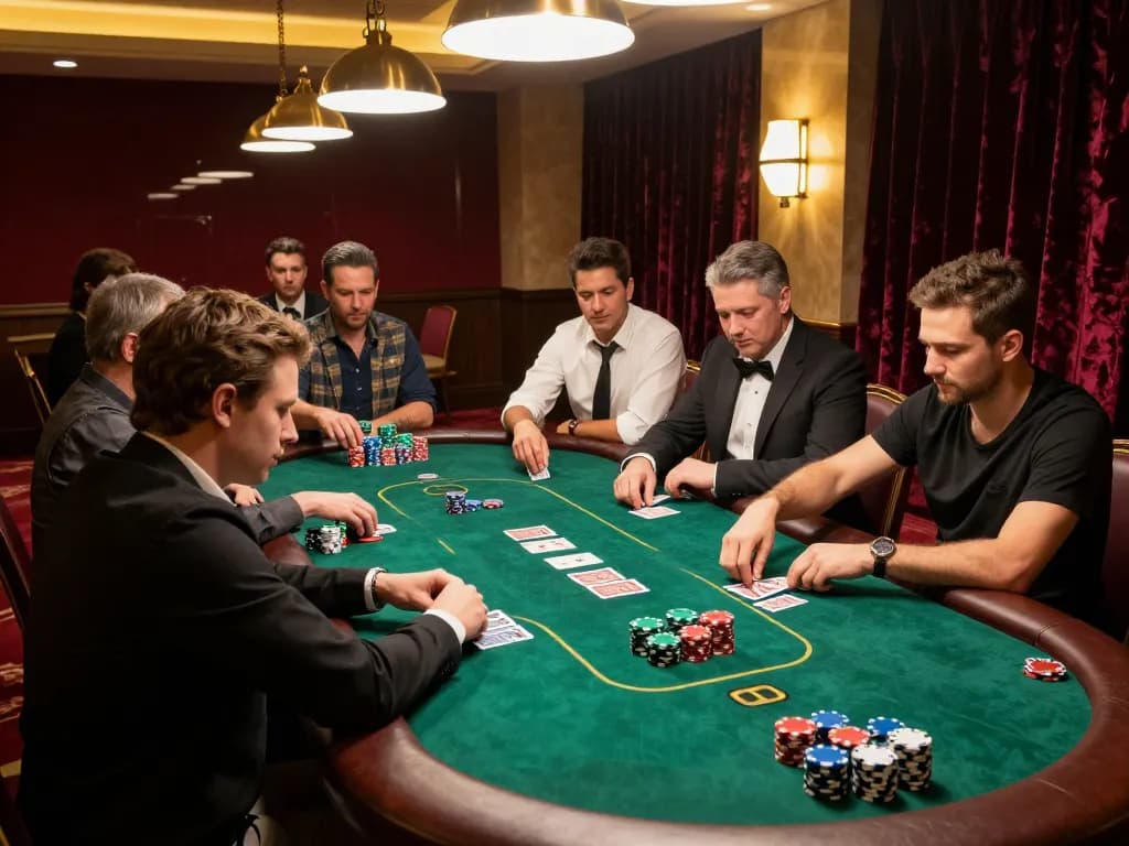 Players engage in a z16 poker game at a luxurious casino table with vibrant chips and focused strategy.