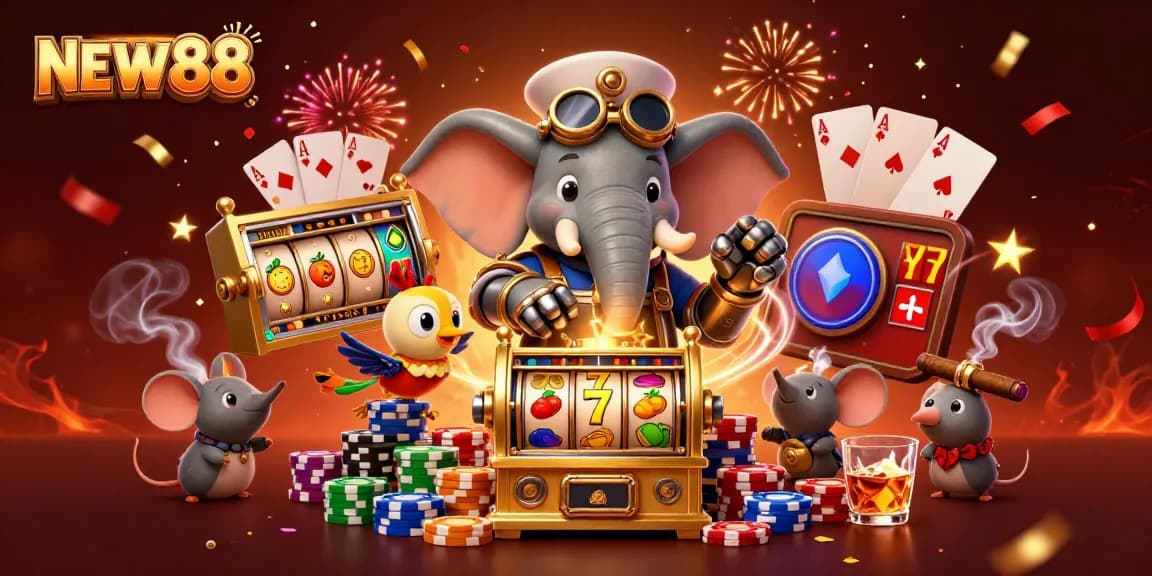 Engage in thrilling gameplay at NEW88 with a steampunk elephant operating an extravagant slot machine.