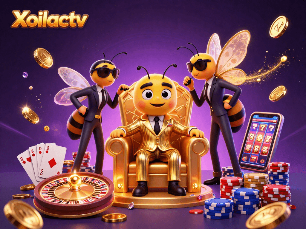 Xoilactv showcases a vibrant casino scene with a bumblebee mob boss, surrounded by wasp bodyguards and gaming elements.