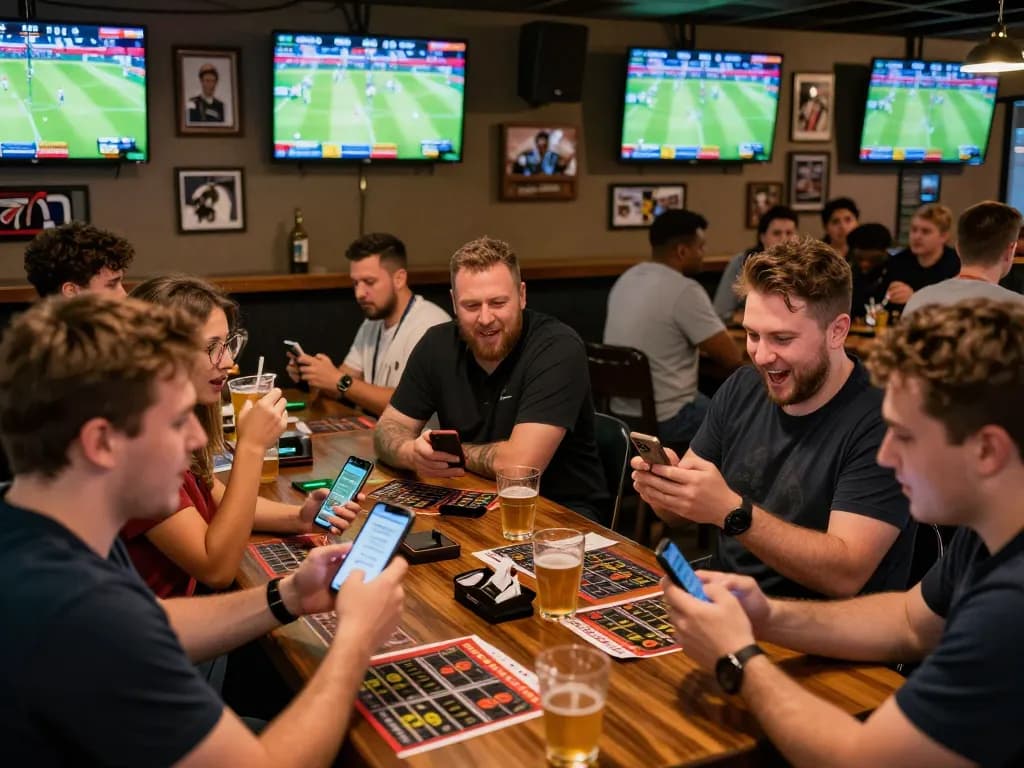 Engaged bettors enjoying the excitement of g28 com sports betting at a lively sports bar setting