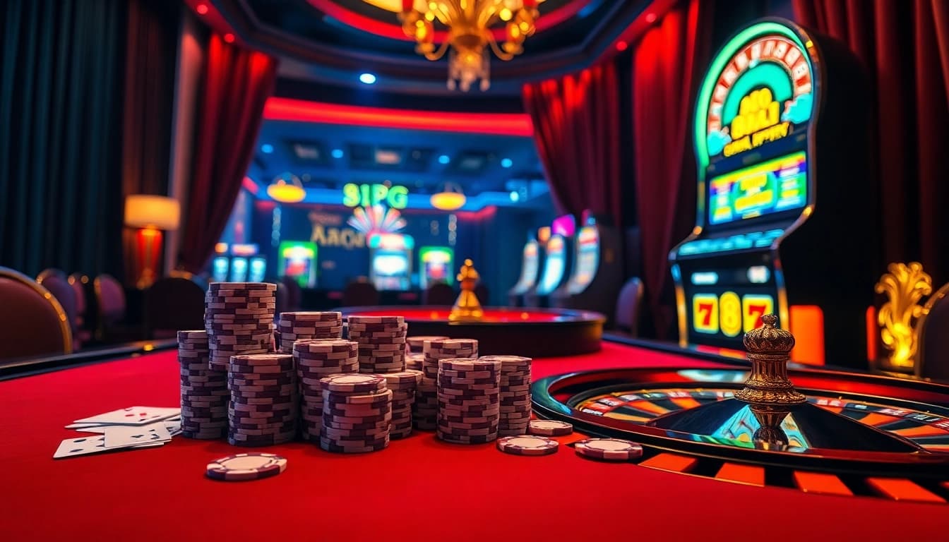 Una escena vibrante de casino que muestra 8PG, con fichas de póker, cartas y una ruleta deslumbrante.