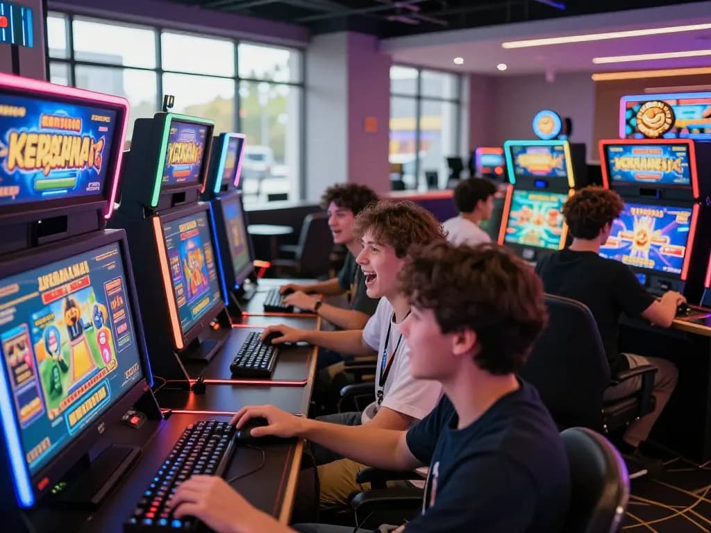 Active gaming scene with players enjoying kerajaanslot experience surrounded by vibrant gaming machines and lively atmosphere.
