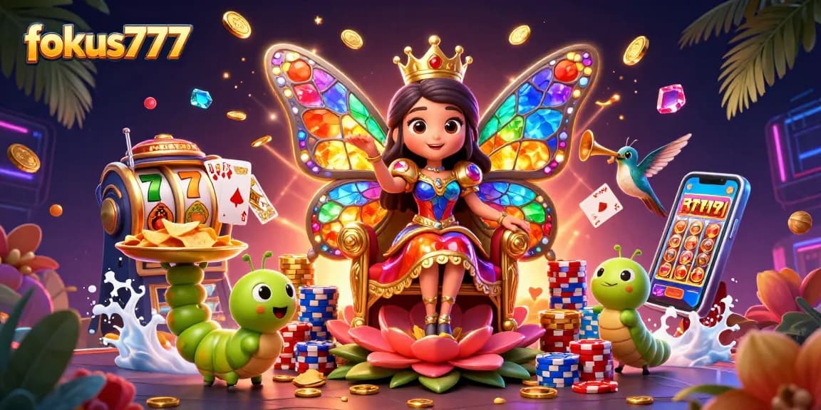 Experience excitement at fokus777 with vibrant 3D illustrations of online gaming elements.