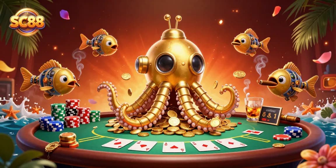 Engage with SC88's vibrant 3D casino scene featuring a golden kraken and poker elements.
