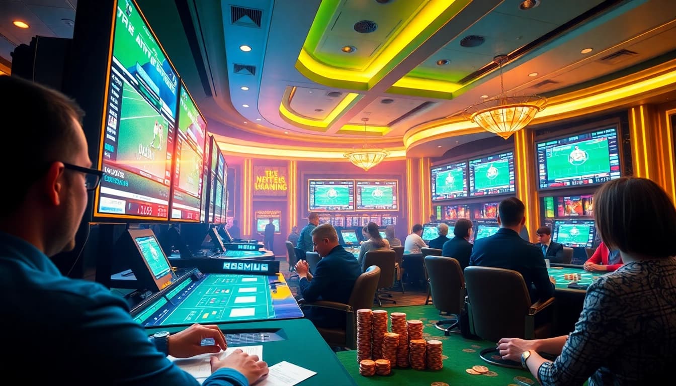 Exciting scene of เทคนิคแทงบอล in action at a luxurious casino sports betting lounge.