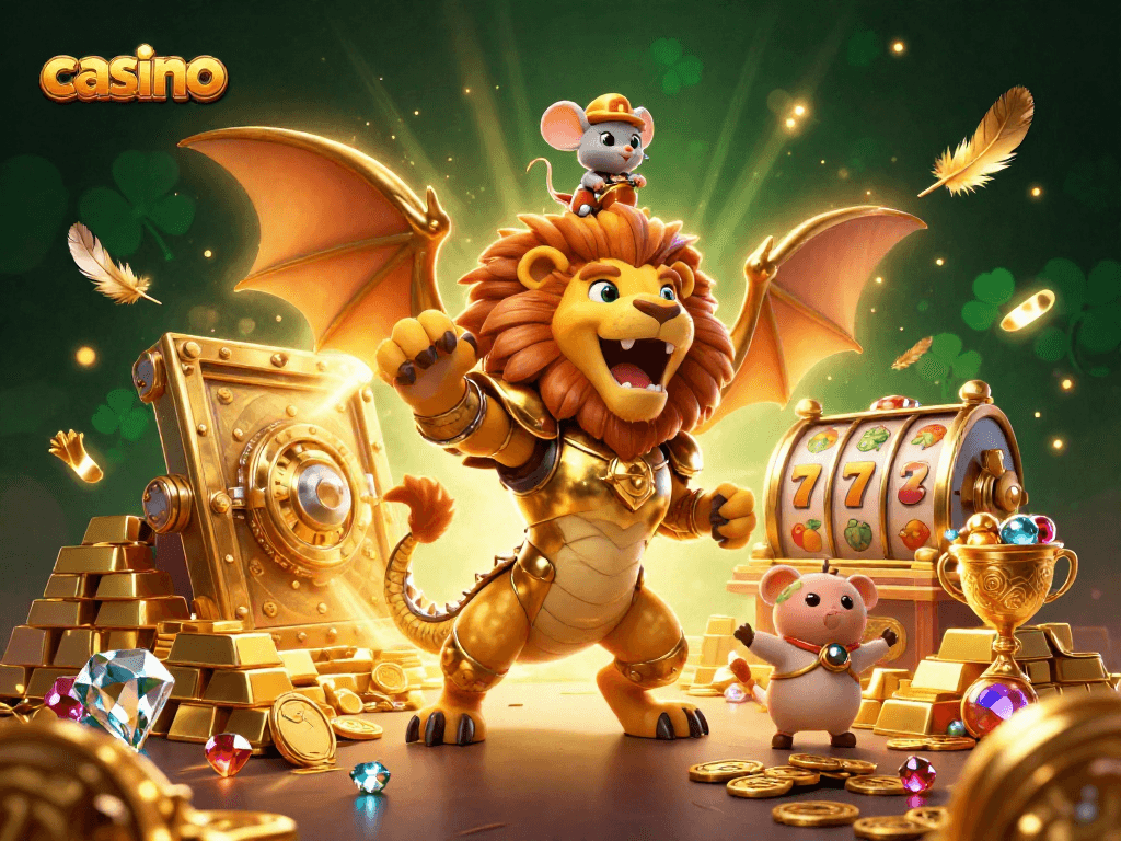 Engage in an exhilarating casino experience enjoying dynamic slot machines and treasures with a chimera guardian.