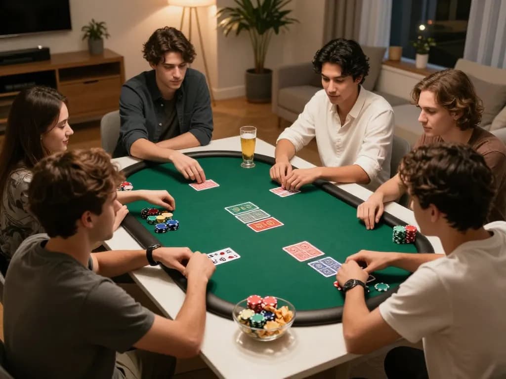 Toto hk players strategizing during an exciting home poker game with colorful chips and community cards.