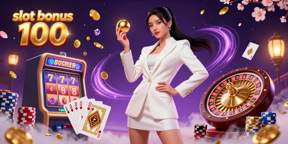 Engage with the slot bonus 100 in a vibrant 3D casino illustration showcasing a confident woman with dynamic gaming elements.