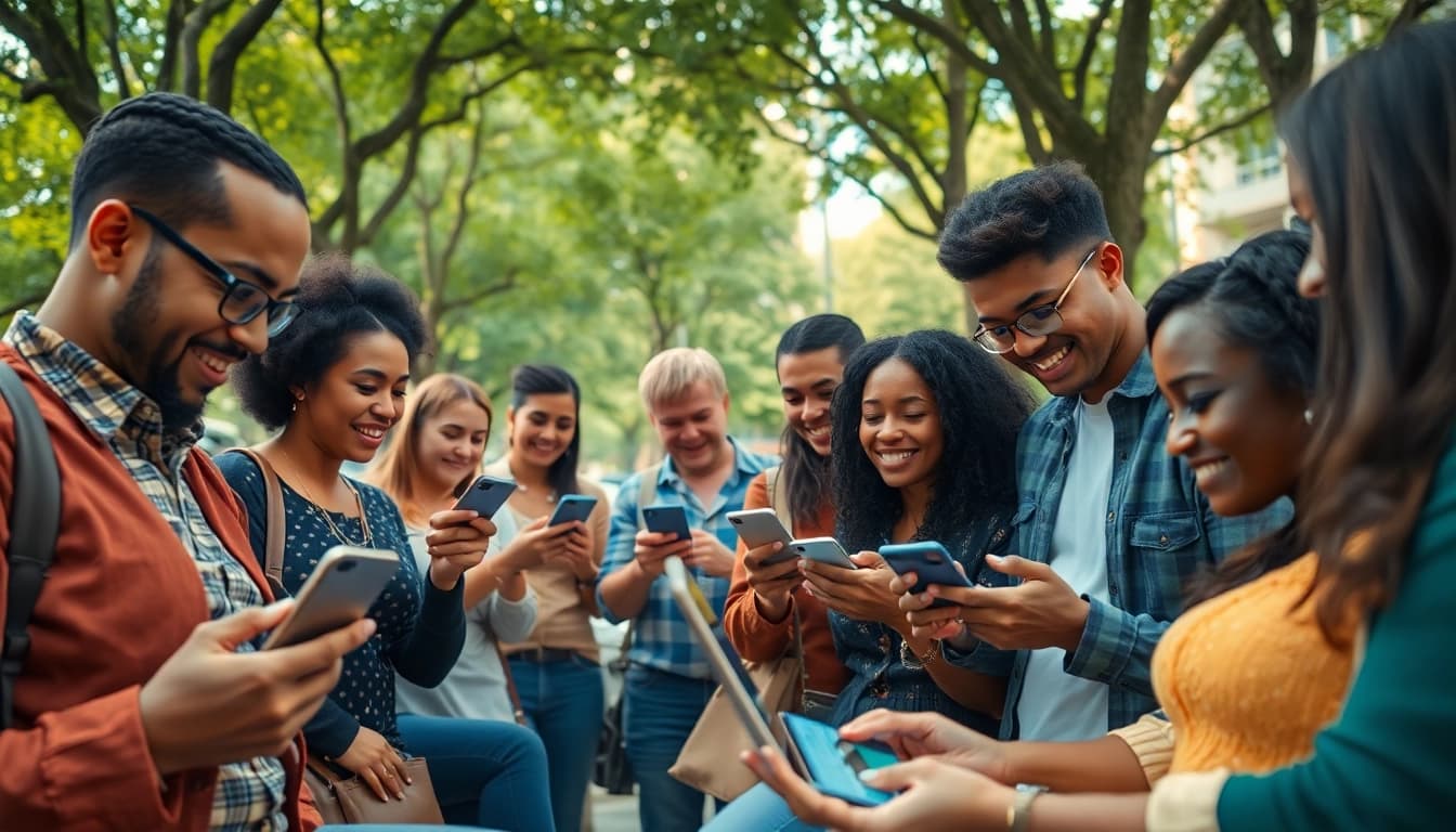 Users actively engaging with Hela Add ads platform in a lively urban park setting