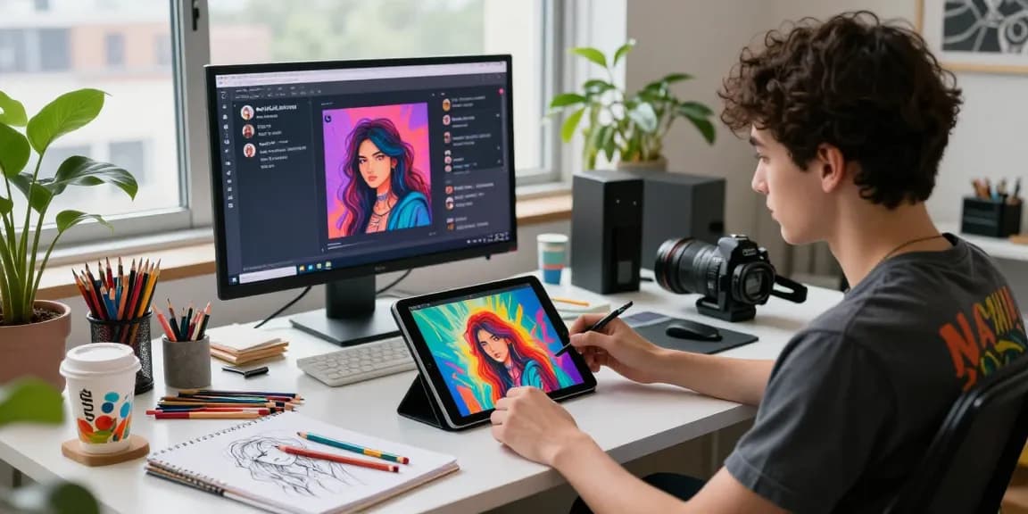 Young artist creating NSFW AI artwork in a vibrant digital studio